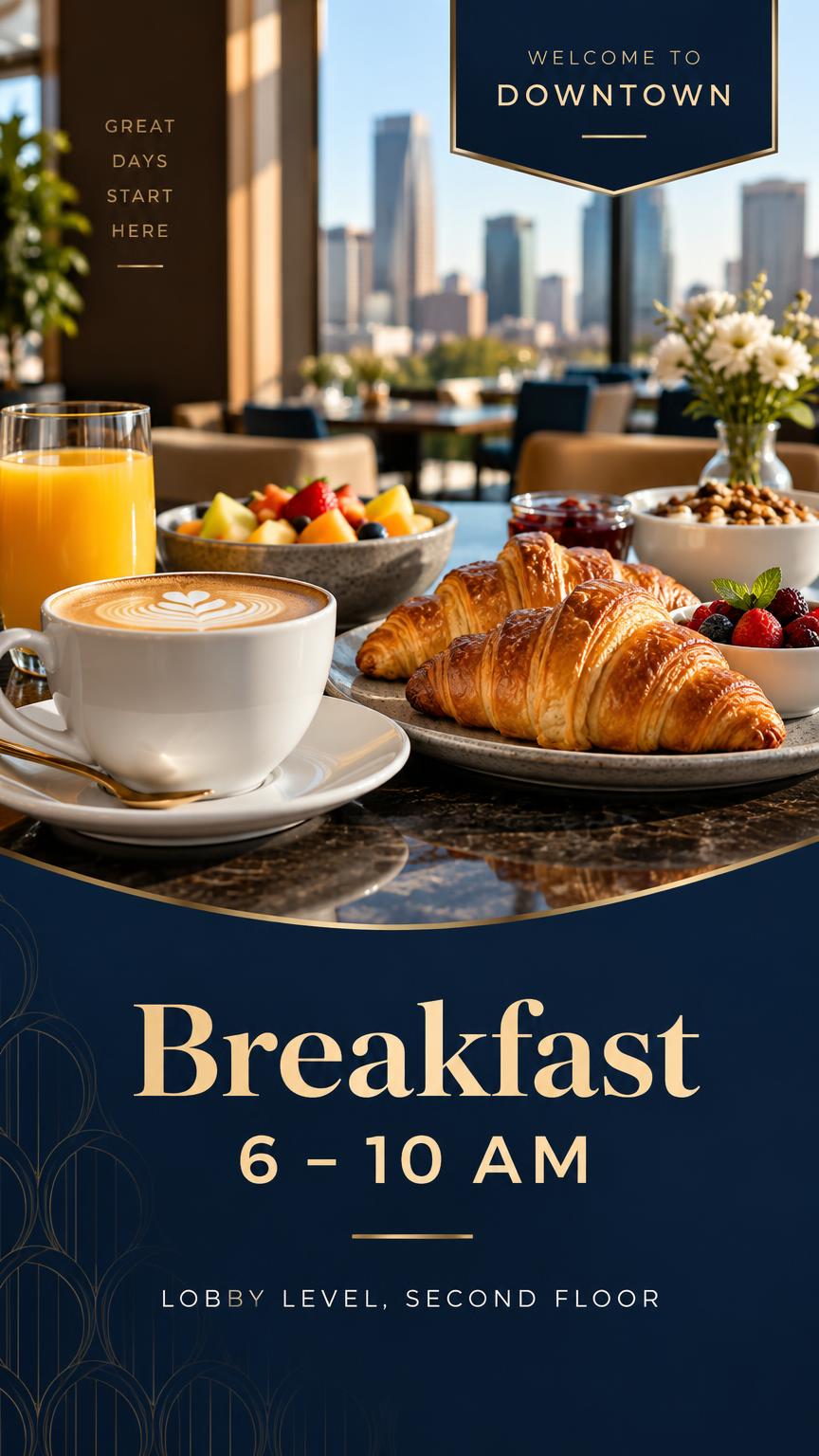 Hotel screen: Breakfast 6 – 10 AM