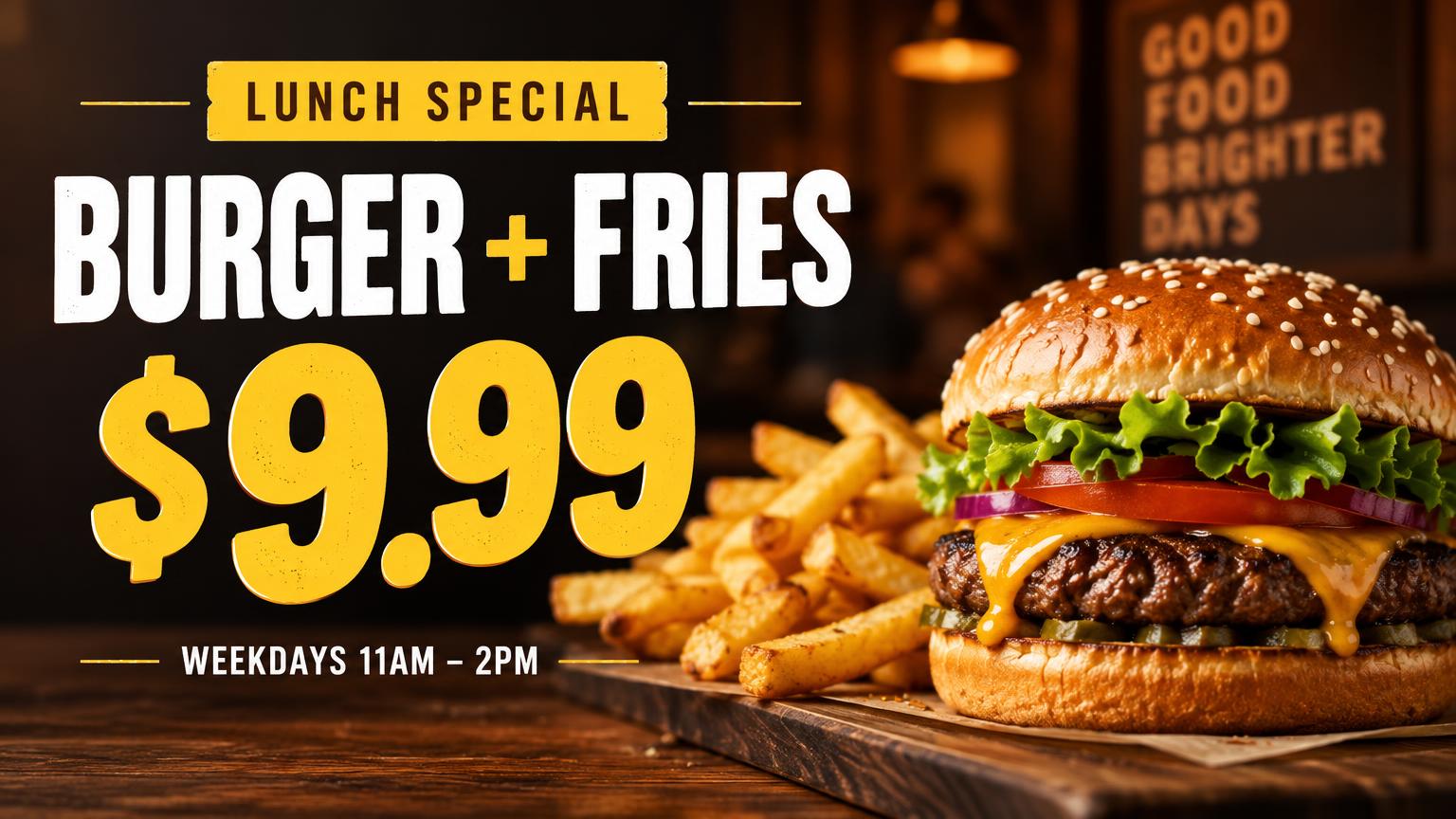 Restaurant screen: Burger + Fries $9.99