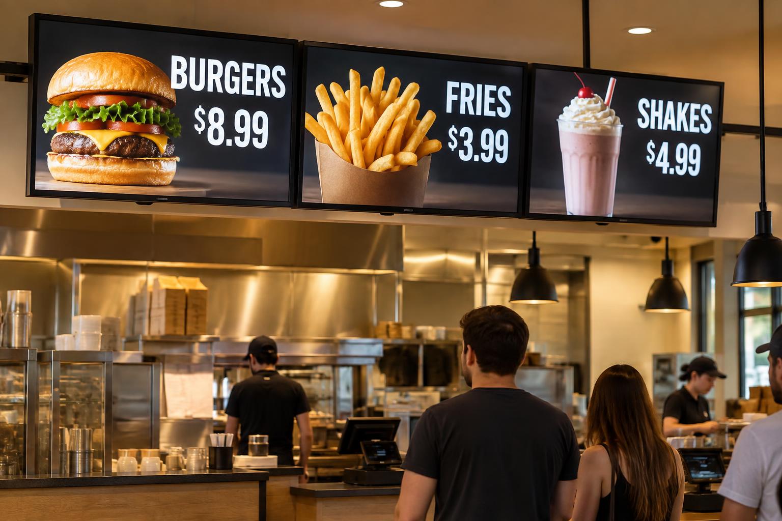 Digital menu boards above a restaurant counter showing burgers, fries and shakes